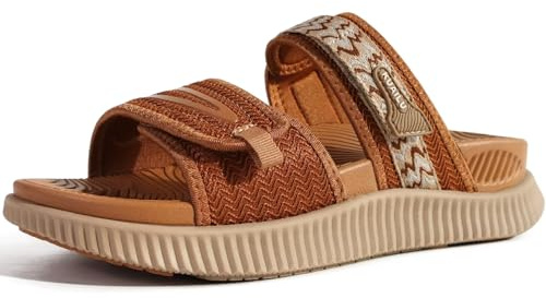 KuaiLu Womens Orthotic Slides Athletic Thick Cushion Recovery Sandals Adjustable Strap Open Toe Slip On Yoga Mat Walking Ladies Sport Sandles Comfort Plantar Fasciitis Arch Support Tan Size 4