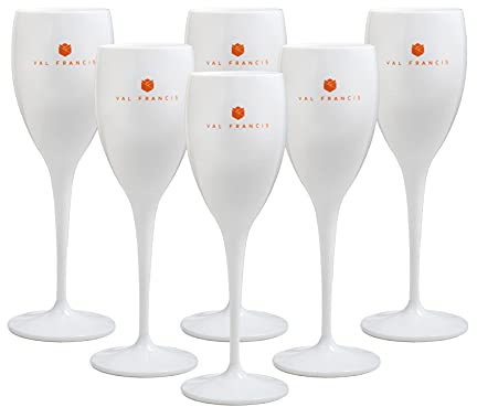 Val Francis Premium Plastic Champagne Prosecco or Wine Flutes - Set of 6 - Reusable, Unbreakable, Dishwasher Safe (White Flute | Orange Logo)
