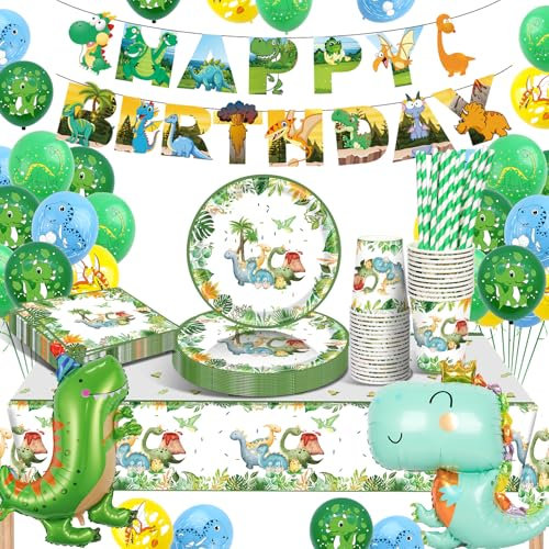 YEJIKJ Dino Geburtstag Deko Geschirrset, Dinosaurier Geburtstagsdeko Partygeschirr Set mit Dino Servietten Pappteller Dino Luftballons für Kindergeburtstag Dino Party Deko (Dino geburtstag)