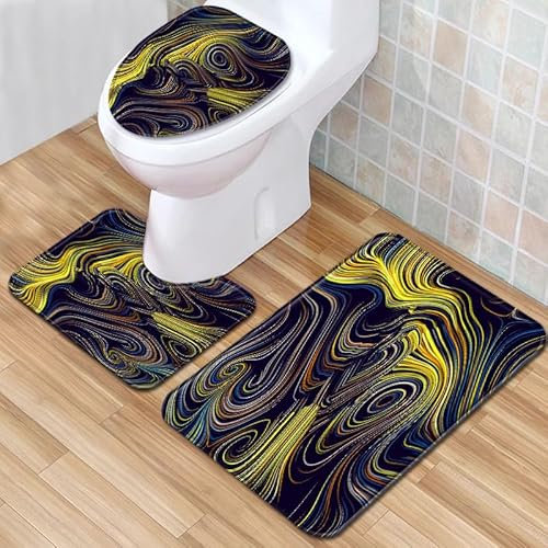 Bad Teppiche Set 3-Teiliges Gelbe Blaue Linien WC Vorleger Mit Ausschnitt Badematte Saugfähig WC Deckelbezug Badvorleger rutschfest Waschbar Toilettensitzbezug Badgarnitur (50x80cm)