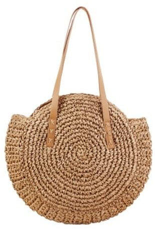 Korbtaschen Damen Runde Strohtaschen for Damen, Sommer-Rattan-Tasche, einfacher Stil, handgefertigt, gewebt, Strand-Stricktasche, Kreis, Böhmen, Handtasche, Bali Basttaschen Damen Sommer(Khaki)