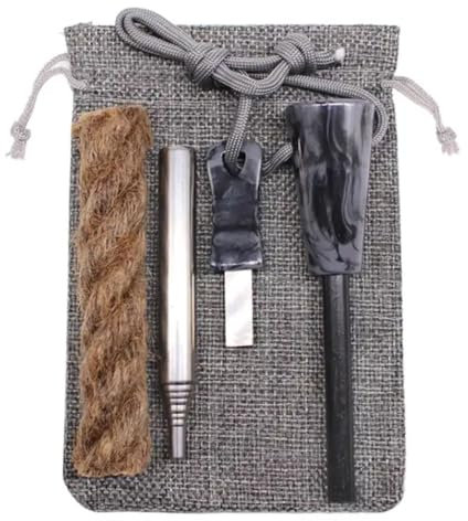Feuerstahl Survival Outdoor Set 6-Teilig, Zunder für Feueranzünder, Feuerstahl mit Griff, Teleskop Blasrohr im Transportbeutel, Paracord Band, Feuerstein Survival Abenteuer Grau