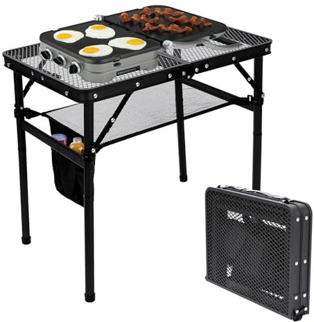 GFTIME Campingtisch Klappbar 60×40cm, Tragbarer Beistelltisch mit Metallgitterplatte, Leichter Klapptisch Höhenverstellbar (27/56cm), Outdoor Picknicktisch für Camping, Grillen, Angeln, Schwarz