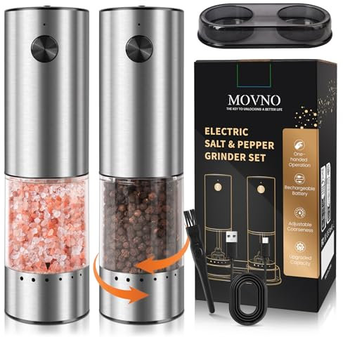 MOVNO Electric Salt and Pepper Grinder Set, External Adjustable Coarseness, USB Rechargeable, One-Handed Operation with LED Light, Stainless Steel Mill Grinders Shakers with Storage Base