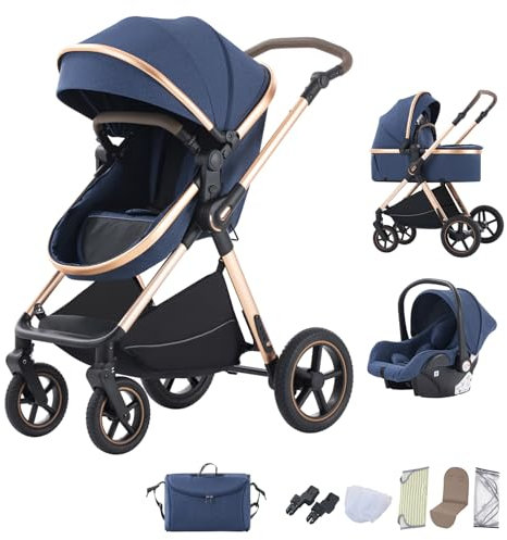 BEBBY 3-in-1 Kinderwagen KombiKinderwagen-Set 2-in-1 Buggy faltbar Luxus Hochlandschaft Neugeborenes Tragbarer Zusammenklappbarer Kinderwagen Travel System (D2-BLUE, H2-D)