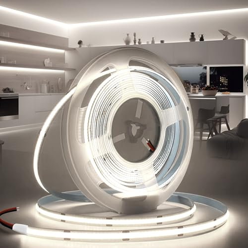 BRIMETI Ruban LED COB 5M 12V Autocollant Bande LED COB 6000K Blanc Froid Flexible 320LED/M Découpable Largeur 8mm CRI>90 Intérieur Eclairage pour Chambre Cuisine Maison Miroir (Sans Alimentation)