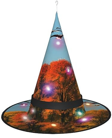 Hexenhut mit Jagd-Motiv und fliegender Wildenten und Baum, Halloween-Hexenhüte mit LED-Licht, Cosplay-Party-Dekoration