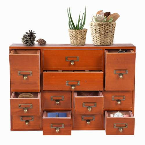 12 Drawers Wooden Desktop Storage Box Apothecary Drawers Card Catalog Cabinet Stackable Daily Storage Wooden Drawer Medicine Vintage Furniture for Countertop, No Assembly Required (Brown)