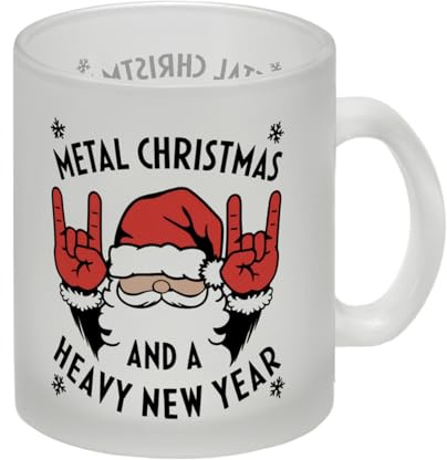 Weihnachtsmann Rock-Handzeichen - Metal Christmas Glas Tasse Getränke genießen im Winterchaos Rock-Handzeichen nahe Schneeflocken HEAVY Ideal für Fans