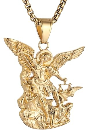 AsAlways St. Michael the Archangel Necklace for Men Stainless Steel Retro Gold Angel Exorcism Protect Amulet Pendant Necklace Jewelry Gift