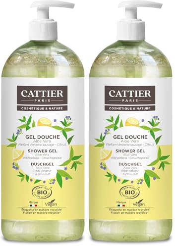 CATTIER Gel Douche Fraicheur Vegan Parfum Verveine sauvage Citrus BIO 1L​ (Lot de 2)