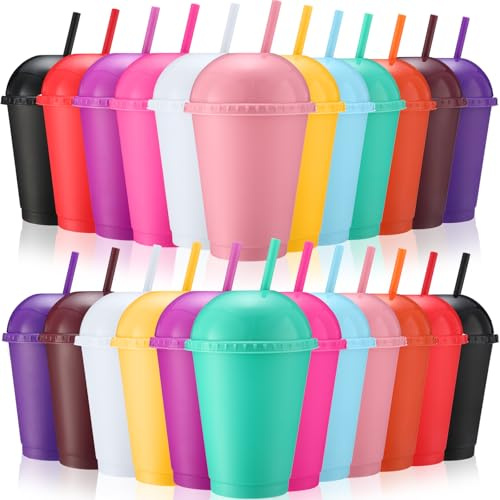Hsei Lot de 24 gobelets en plastique pailleté avec couvercles dôme et pailles réutilisables de 473 ml – Gobelets colorés pour eau froide – Gobelets de voyage pour anniversaire, enterrement de vie de