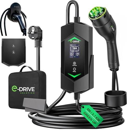 Caricabatteria da auto elettrico portatile 6-16A con schermo LCD + partenza ritardata + supporto e cavo tipo 2 – compatibile con presa Green up & Skudo – marca francese E-Drive Solution