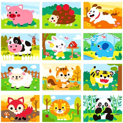 Barlone 12 Stück Moosgummi Mosaik Klebebilder Bastelset für Kinder-Tier Sticker, 3D EVA Schaum Aufkleber, Selbstklebendes Kreativset als Geschenk oder für Kindergeburtstag