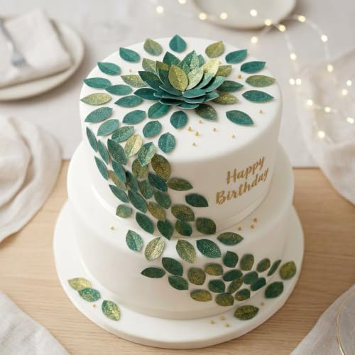 Anglesit Pre-Cut Glittery Rose Leaves Edible Rice Wafer Paper Flowers Cupcake Toppers Shimmery Golden Sparkling Leaf Cake Decorations Birthday Wedding Party