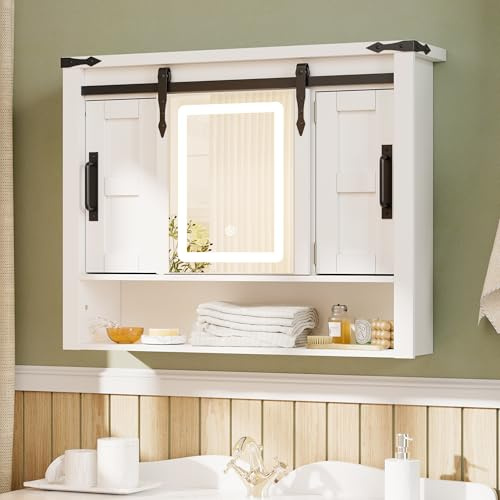 Elancee Armoire à pharmacie avec miroir, armoire murale avec lumières, rangement mural avec porte de grange coulissante et 2 étagères réglables, meuble de salle de bain pour salon, buanderie, chambre