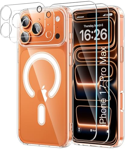 YNMEacc 5 in 1 Magnetic for iPhone 17 Pro Max Case 6.9-Inch with 2X Screen Protector + 2 Lens Covers, [Compatible with MagSafe] Slim Soft TPU Silicone Shockproof Anti-Scratch Phone Cover - Clear
