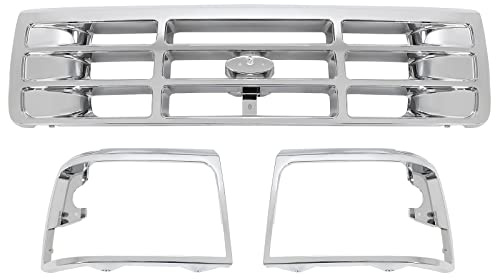 ALMULOO Grille & Headlight Bezel Silvery Compatible with 1992-1996 Ford Bronco F150 F250 1997 F350 & 1997 F250HD F350 Front Grill Lamp Cover Plastic(ABS) Replacement for FO1200173 FO2512130 FO2513131