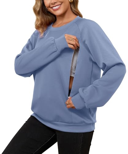 DEBELLY Nursing Sweatshirts for Breastfeeding Women Dual Zipper Nursing Top Long Sleeve Crew Neck Layering Essential Anytime Nursing Access,Denim Blue,M