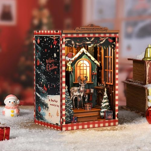 DIY Christmas Bookstore for Adults, Winter Wonderland Miniature Kit with LED Lights - 3D Wooden Puzzle Craft Model, Holiday for Family & Friends, Snow Realm Wei Pavilion Decor