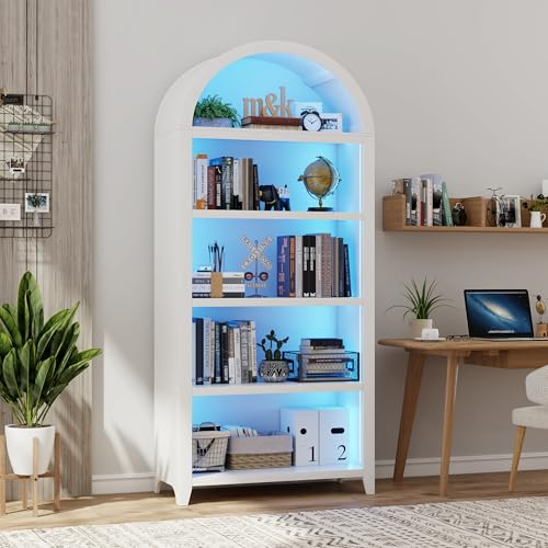 Gurexl Smart Bücherregal mit LED Beleuchtung und Menschlicher Sensor für Wohnzimmer weiß,175 cm Gewölbte Vitrine mit 5 Ebenen Stauraum für Arbeitszimmer,Esszimmer,Schlafzimmer, Persönliches Büro
