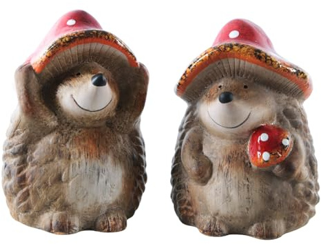 Logbuch-Verlag Dekofigur Igel 2er-Set aus Keramik 18 cm – Herbstdeko Figuren mit Pilz und Hut, Deko-Igel für Tisch Fensterbank Kommode