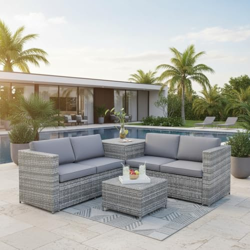 Mucola Polyrattan Lounge Set mit Kissenbox – Gartenlounge XXL, wetterfest & UV-beständig, inkl. Tisch mit ESG-Glasplatte, modulare Outdoor Sitzgruppe für Garten, Terrasse & Balkon, Grau
