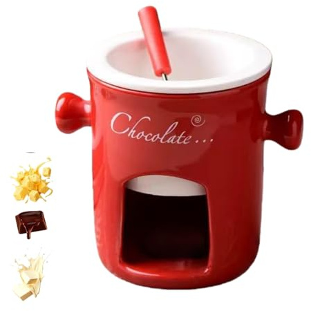Chocolate Fondue Mug Set with Fork, 5.3 Inch Chocolate Melting Cup & Fondue Cup, Ceramic Melting Chocolate Mug for Tea Candle, Red Chocolate Fondue Set for Cheese Butter Caramel