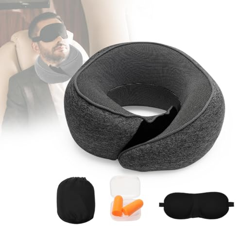 Nackenkissen Flugzeug, Reisekissen Memory Foam mit Ohrstöpseln, Augenmaske & Tragetasche, Nackenhörnchen Erwachsene, Verstellbares Kompaktes Kissen, für Reisen mit Flugzeug, Auto, Zug (Schwarz)