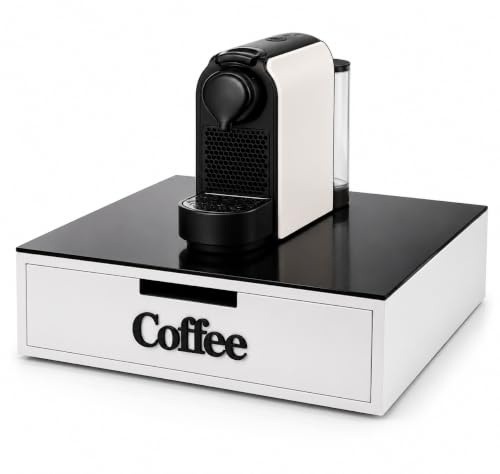 Organizer per Macchina del Caffè con Cassetto Portaoggetti, Coffee Station Salvaspazio, Supporto Rialzato per Macchina del Caffè, Porta Capsule, Cialde, Zucchero e Accessori, 30x30x10 - Nero