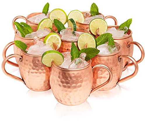 Kitchen Science Moscow Mule Copper Mugs Set of 8, 16 oz Pure Copper Cups, Hammered Finish with Food-Grade Lacquer, Smooth Rounded Lip, Ergonomic Rivet-Free Handle, Solid Grip for Cocktails