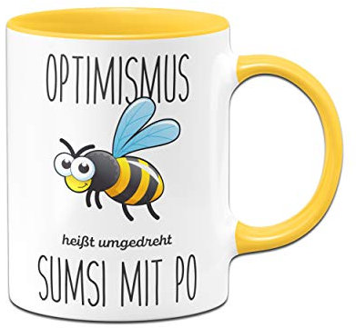 Tassenbrennerei Bienen Tasse mit Spruch Optimismus heißt umgedreht Sumsi mit Po lustige Bürotasse Sprüche Tassen lustig - gelb