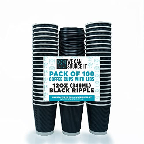 We Can Source It Ltd – 12oz Disposable Kraft Ripple Paper Cups with Black Lids – Insulated Black Paper Cups with 3 Ply Construction – for Tea, Coffee, Hot Drinks– 100Pc