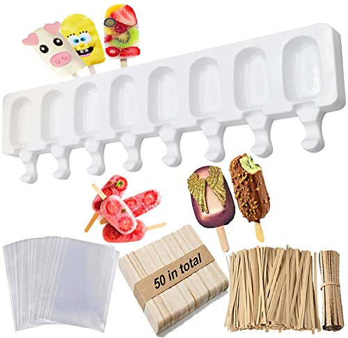 Uhat Ice-Cream Silicone Bar Mould Maker Frozen Dessert Chocolate Cake Popsicle Tray Ice Lolly Moulds + 50 Reusable Bamboo Sticks (Large, Silicone)