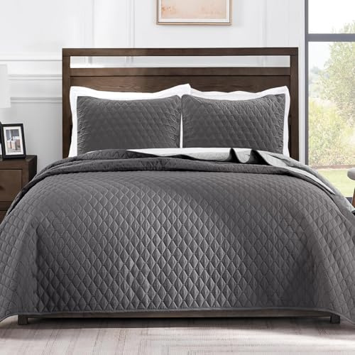 Exclusivo Mezcla Ultrasonic Reversible Full Queen Quilt Bedding Set with Pillow Shams, Lightweight Quilts Queen Size, Soft Bedspreads Bed Coverlets for All Seasons - (Grey, 90x96)