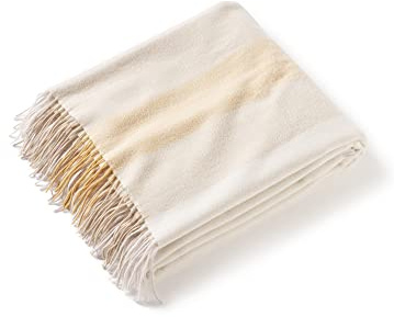 State Cashmere Multicolored Striped Home Throw Blanket with Decorative Fringe 100% Pure Cashmere Ultra Soft Accent Blanket for Couch, Sofa & Bed (Eggshell/Tan/Marigold, 70x50)