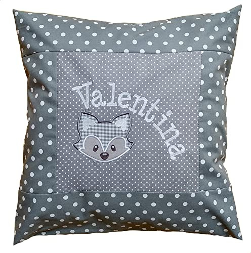 besticktes Kissen FUCHS + NAME // grau// 40x40 Kissenbezug Geschenk Schmusekissen Kuschelkissen Namenskissen
