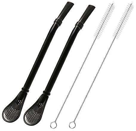 Edelstahl Trinkhalme mit Filterlöffel, 2 Pack Tee Strohhalme, Mate Bombilla, Kaffee Rührstab für Eistee, Cocktail, mit 2 Reinigungsbürste (Schwarz)