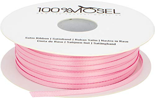 100% Mosel Satinband, in Rosa (3 mm x 100 m), matt glänzendes Geschenkband | Edles Schleifenband zum Dekorieren, Basteln und Verpacken – für Babyparty und Kindergeburtstag