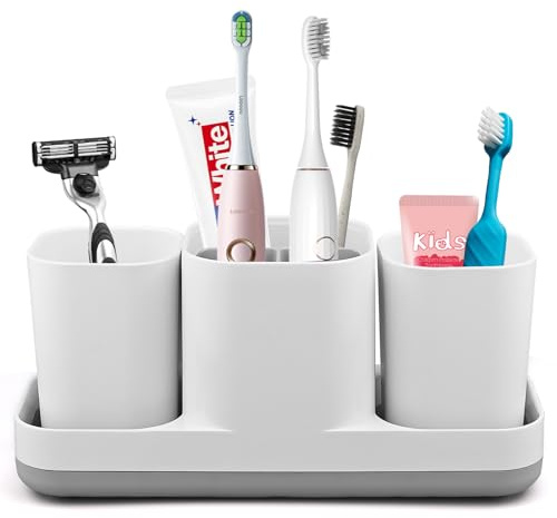 Porte-brosses à Dents avec gobelets, Support de Brosse à Dents électrique Multifonction, Support pour Brosse à Dents électrique, Support de Rasoir pour comptoir de Salle de Bain (Blanc)
