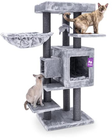 Petrebels Kratzbaum Stabil für mehrere Katzen, Cleopatra 134 cm, Grau | mit dicke Bodenplatte, Ø 9 cm Stämme, waschbaren Kissen, Hängematte, Höhle & Loungesofa, auch ideal für Senioren und Kätzchen