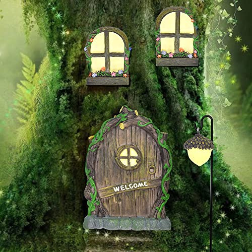 Angelkiss Feentür Set aus Harz – Leuchtende Wichteltür im Dunkeln, Mystische Elfentür mit Fenster, Laterne & Zubehör für Garten, Baum & Innendekoration.