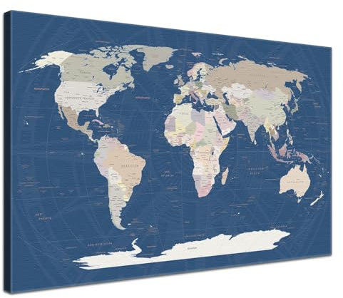 Weltkarte-Pinnwand als Leinwandbild, pinne Deine Reisen und Erinnerungen – World Map Titan - Deutsch - Landkarten-Wandbild in blau, 60 x 40 cm