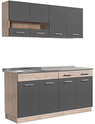 Homestyle4u 2355, Küche Küchenzeile Küchenblock Eiche Holz Grau Einbauküche Single Küchen Schränke 160 cm