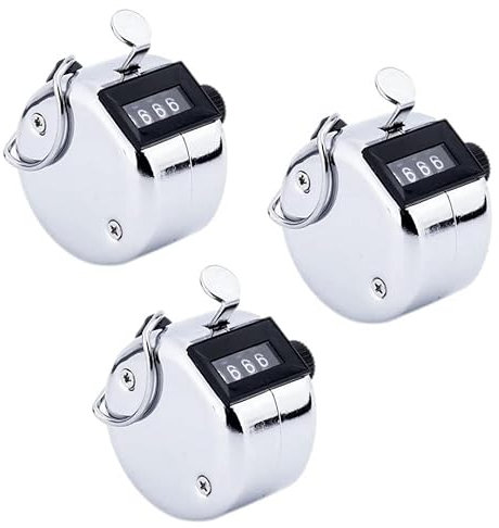 3er Pack Handzähler mechanisch Counter Klicker aus Metall Schrittzähler mit Metallschlaufe 3er Set Mechanischer Mengenzähler für Inventur Stückzähler [4-Stellig] manueller Personenzähler Farbe silber