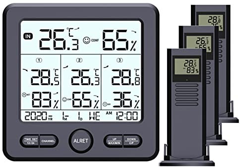 RANRAO Station météo sans fil avec capteur extérieur, radio numérique, affichage thermomètre, hygromètre, 3 capteurs intérieurs et extérieurs