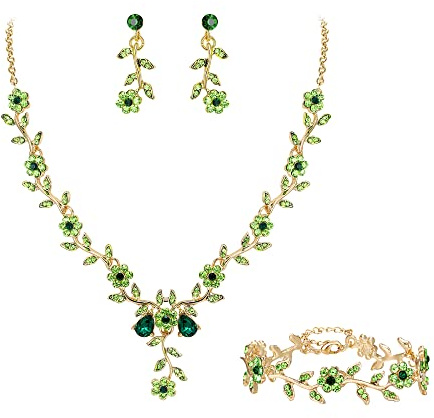 Clearine Damen Hochzeit Schmuck Set für Party Prom Blatt Cluster Blume Kristall Anhänger Halskette baumeln Ohrringe und Armband für Smaragdfarben Gold Ton
