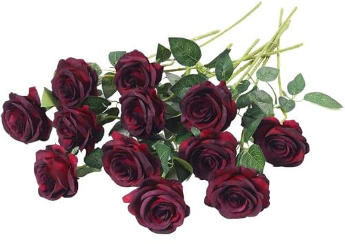 Laelfe 12 Piezas Rosas Artificiales Rojo Vino, 53 cm Tallo Largo | Flores Artificiales para Boda, Ramo de Novia, Decoración de Hogar, Fiesta, Hotel, Aniversario