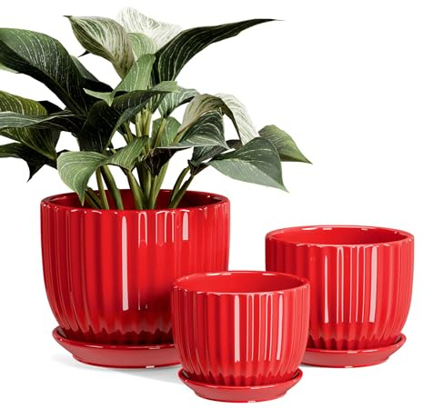 Ton Sin Ceramic Plant Pots - 4/5/6 Inch Red Planters Set of 3 with Drainage Holes and Saucer - Decorative Indoor Flower Pots for Plants - Modern Ceramic Planters for Indoor Gardening Succulent Pots | Indoor Planter for Plants|Outdoor Garden Succulent Pots|4+5+6.5 Inch Flower Pots|Medium Garden Pots|Small Succulent Pots