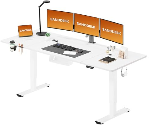 SANODESK 200 x 80 cm Escritorio Elevable Eléctrico con Tablero y Accesorios Completos como Soporte para Bebidas, Ganchos, Organizador y Caja de Cables (Blanco)